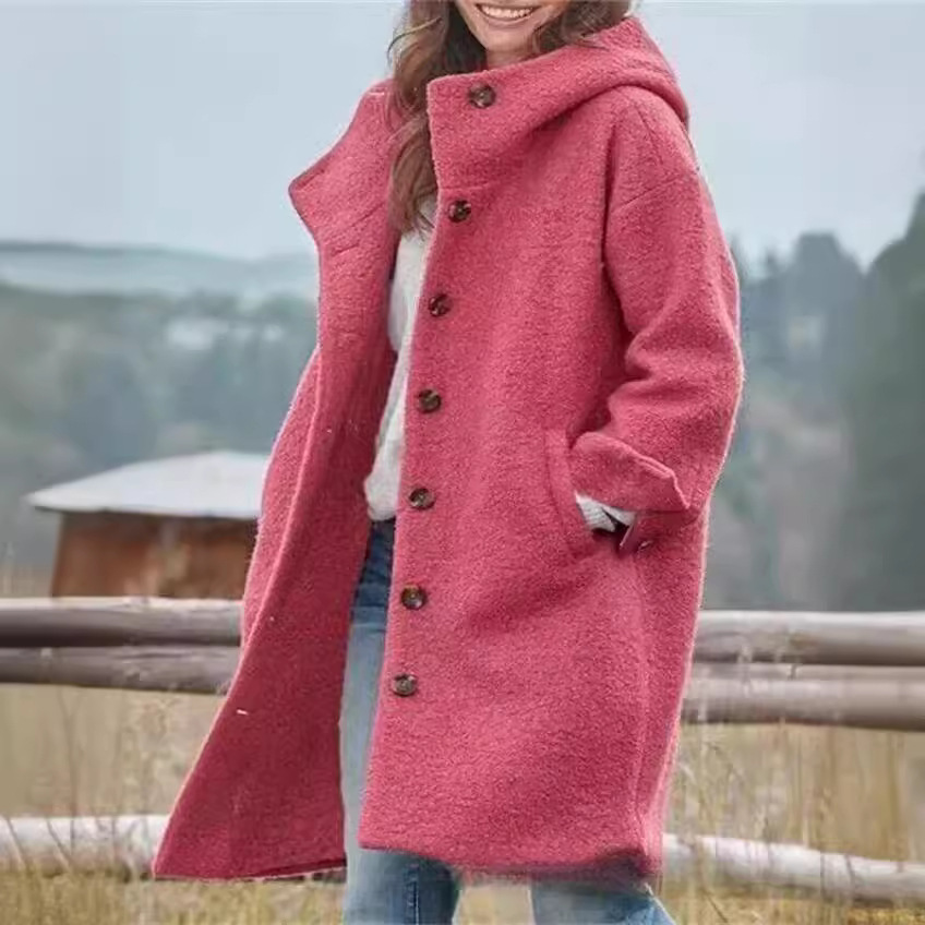 Fashionable Women's Wool Coat Solid Color Hooded Elegant Long Outerwear - Image 2