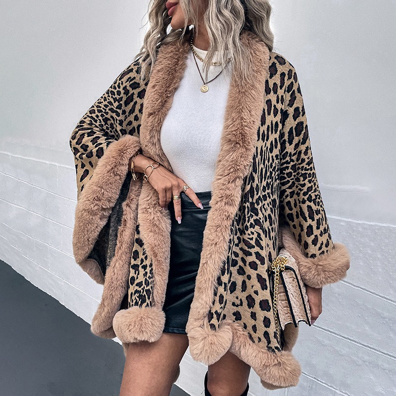 Autumn and Winter Wool Collar Cape Cardigan Leopard Cape Sweater Women - Image 2