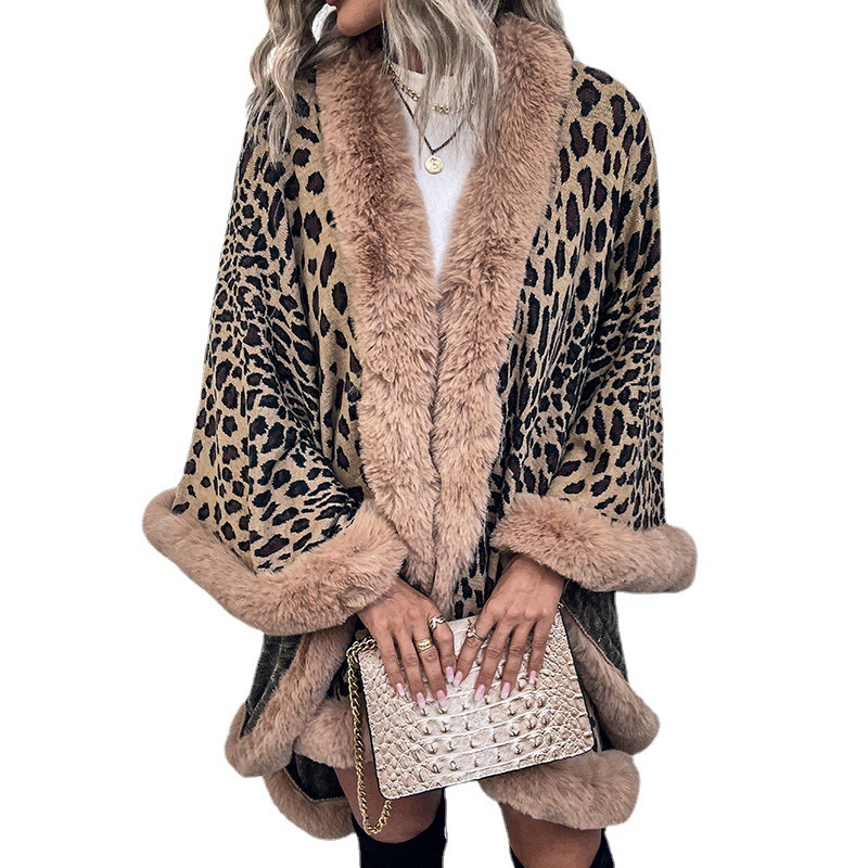 Autumn and Winter Wool Collar Cape Cardigan Leopard Cape Sweater Women - Image 4