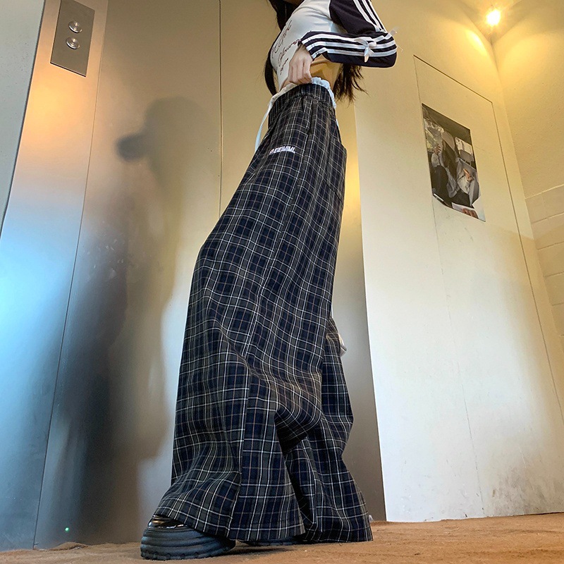 Retro Colorblock Drawstring Plaid Pants Straight Casual Pants for Women Loose Drape Wide Leg Pants Versatile Long Pants - Image 4