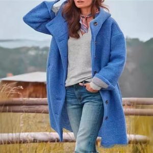 Fashionable Women's Wool Coat Solid Color Hooded Elegant Long Outerwear
