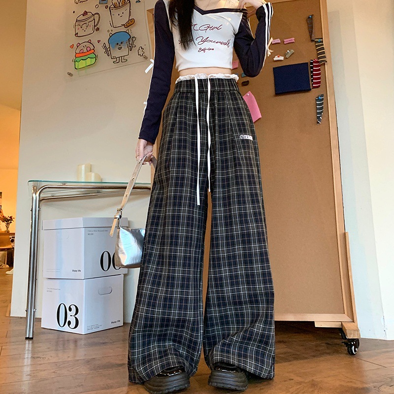 Retro Colorblock Drawstring Plaid Pants Straight Casual Pants for Women Loose Drape Wide Leg Pants Versatile Long Pants - Image 2