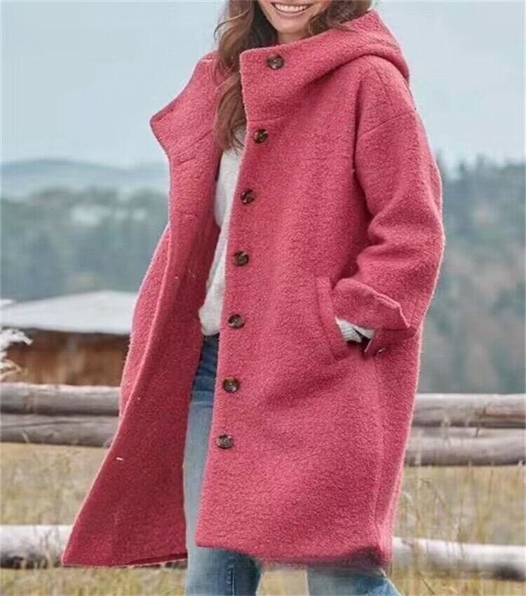Fashionable Women's Wool Coat Solid Color Hooded Elegant Long Outerwear - Image 5