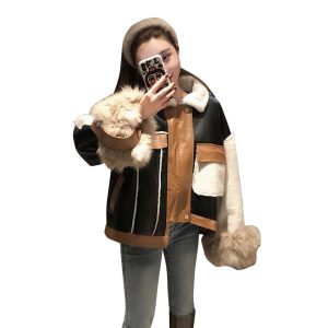 Women Leather Coat Color Matching Splicing Winter Leather Jacket Women Black