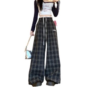 Retro Colorblock Drawstring Plaid Pants Straight Casual Pants for Women Loose Drape Wide Leg Pants Versatile Long Pants