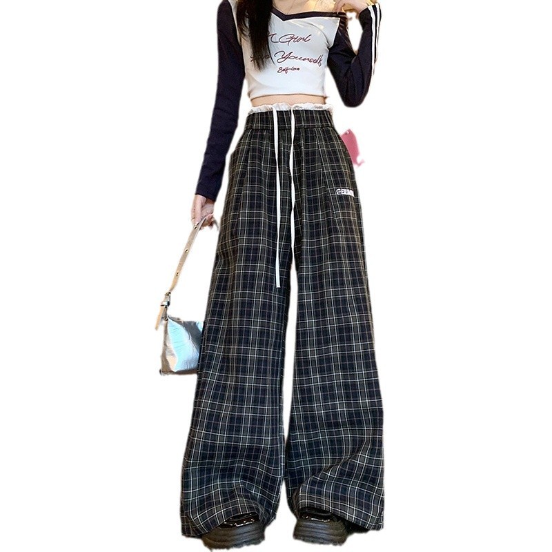 Retro Colorblock Drawstring Plaid Pants Straight Casual Pants for Women Loose Drape Wide Leg Pants Versatile Long Pants