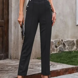 Button decoration casual pants women's high waisted spliced pants