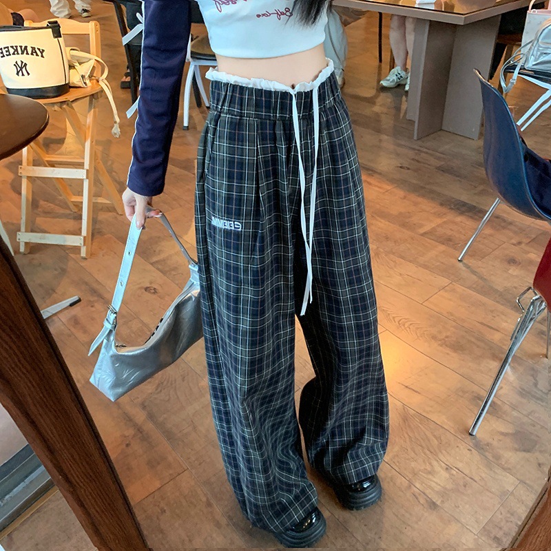 Retro Colorblock Drawstring Plaid Pants Straight Casual Pants for Women Loose Drape Wide Leg Pants Versatile Long Pants - Image 3
