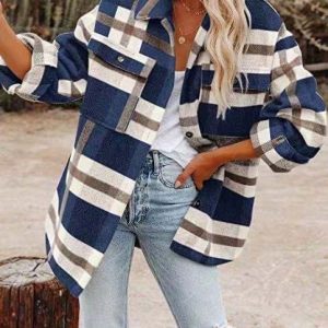 Women's Autumn And Winter Long Sleeve Lapel Loose Plaid Wool Coat