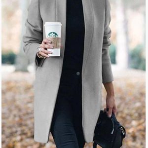 Fashionable  Style Solid Color Stand Collar Wool Coat