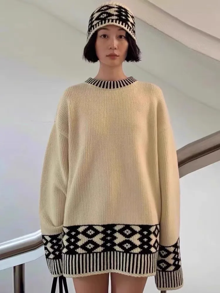 Vintage wool jacquard knitted hat loose medium to long minimalist sweater - Image 2