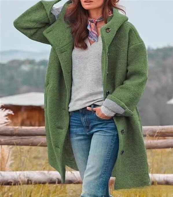 Fashionable Women's Wool Coat Solid Color Hooded Elegant Long Outerwear - Image 7