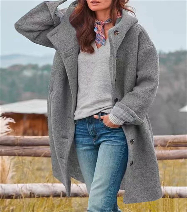 Fashionable Women's Wool Coat Solid Color Hooded Elegant Long Outerwear - Image 9