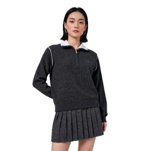 Half-Zip Turn-Down Collar Wool Sweater Women Cable Knit Wool Sweater Lazy Style Knitted Top