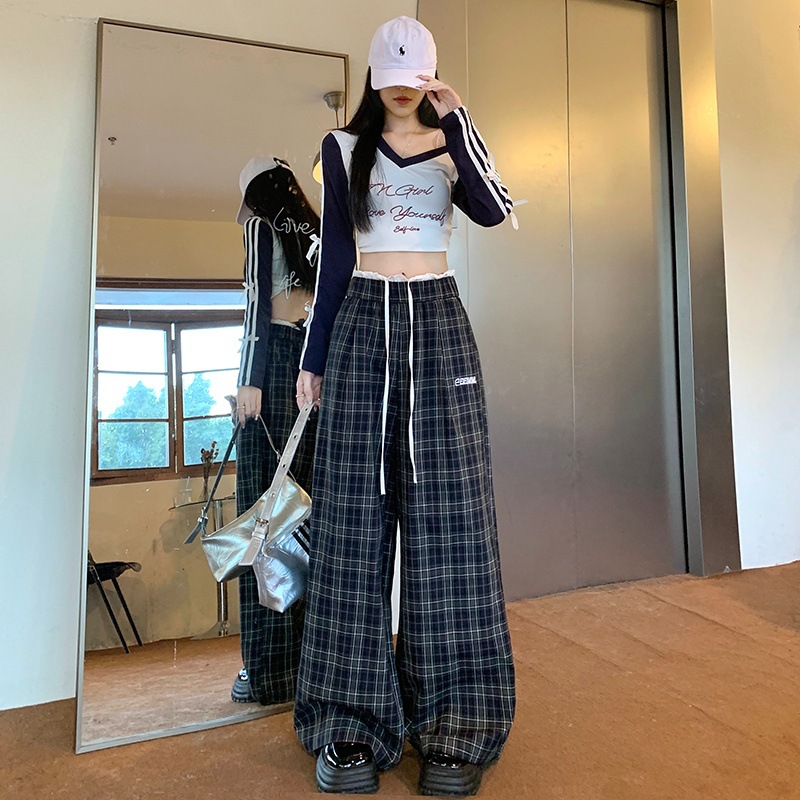 Retro Colorblock Drawstring Plaid Pants Straight Casual Pants for Women Loose Drape Wide Leg Pants Versatile Long Pants - Image 5