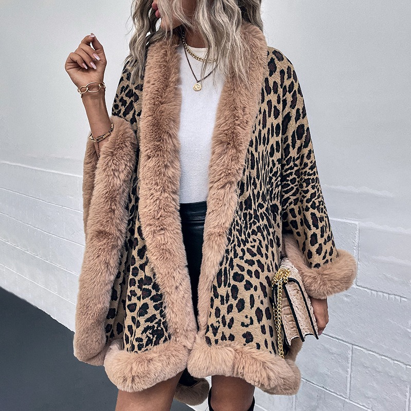Autumn and Winter Wool Collar Cape Cardigan Leopard Cape Sweater Women - Image 3
