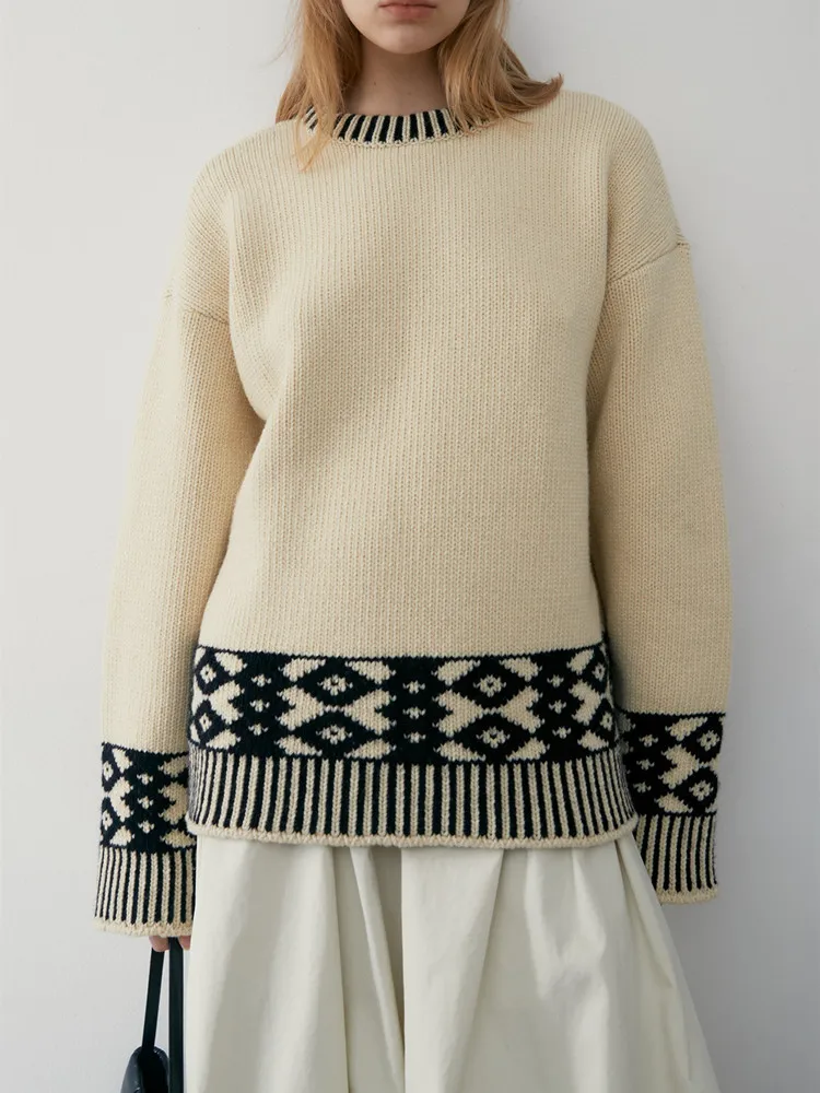 Vintage wool jacquard knitted hat loose medium to long minimalist sweater