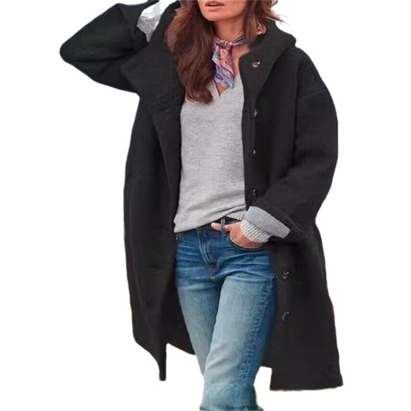 Fashionable Women's Wool Coat Solid Color Hooded Elegant Long Outerwear - Image 4