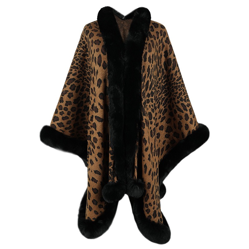 Autumn and Winter Wool Collar Cape Cardigan Leopard Cape Sweater Women - Image 9