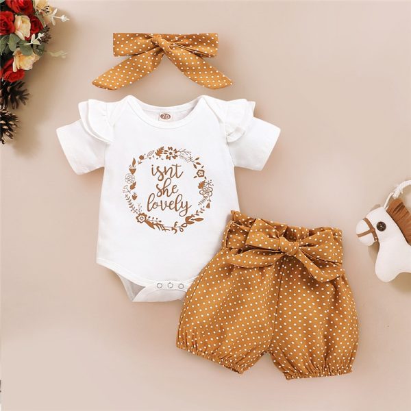Letter-print bodysuit + polka dot pants + headband (three-piece set)