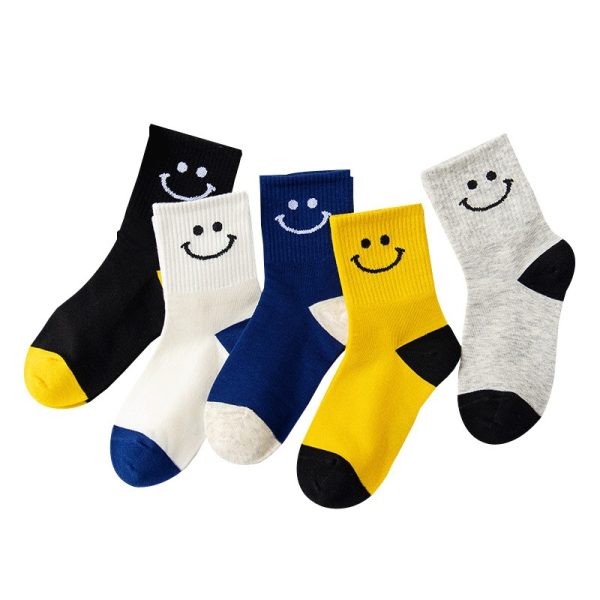 Cotton mid-calf socks with a smiley face pattern.