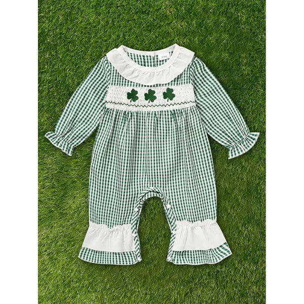 Green checkered jumpsuit with clover print